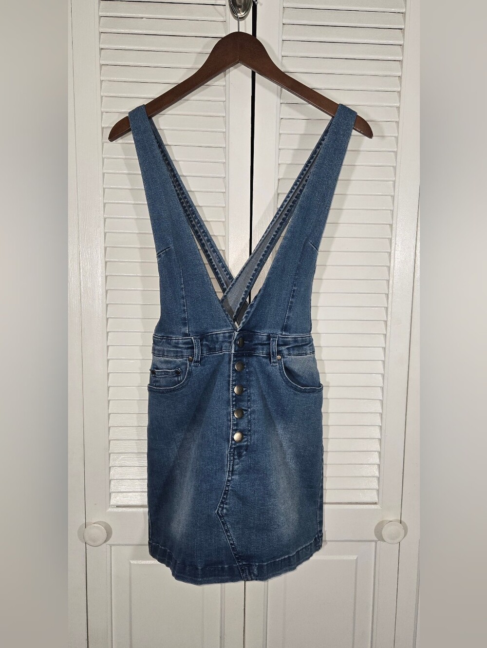 Day To Day Blu Pepper Denim Deep V Bib Overall Front Button Pockets Dress Sz S